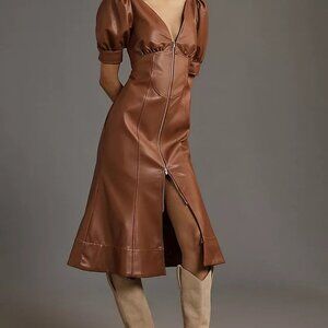 Anthropologie Chocolate Brown Faux Leather Midi Dress NWT SIZE 14